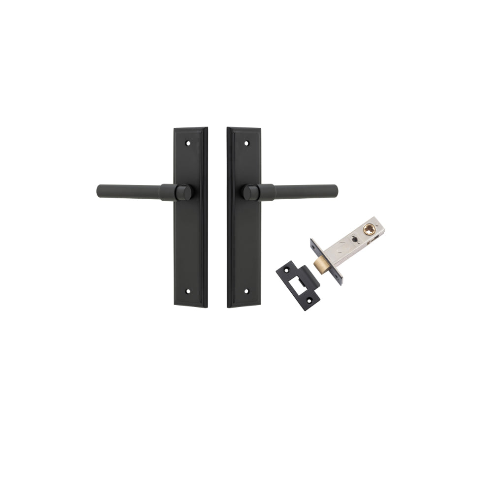 Door Lever Helsinki Stepped Latch Pair Matt Black H237xW50xP44mm Passage Kit, Tube Latch Split Cam 'T' Striker Matt Black Backset 60mm in Matt Black