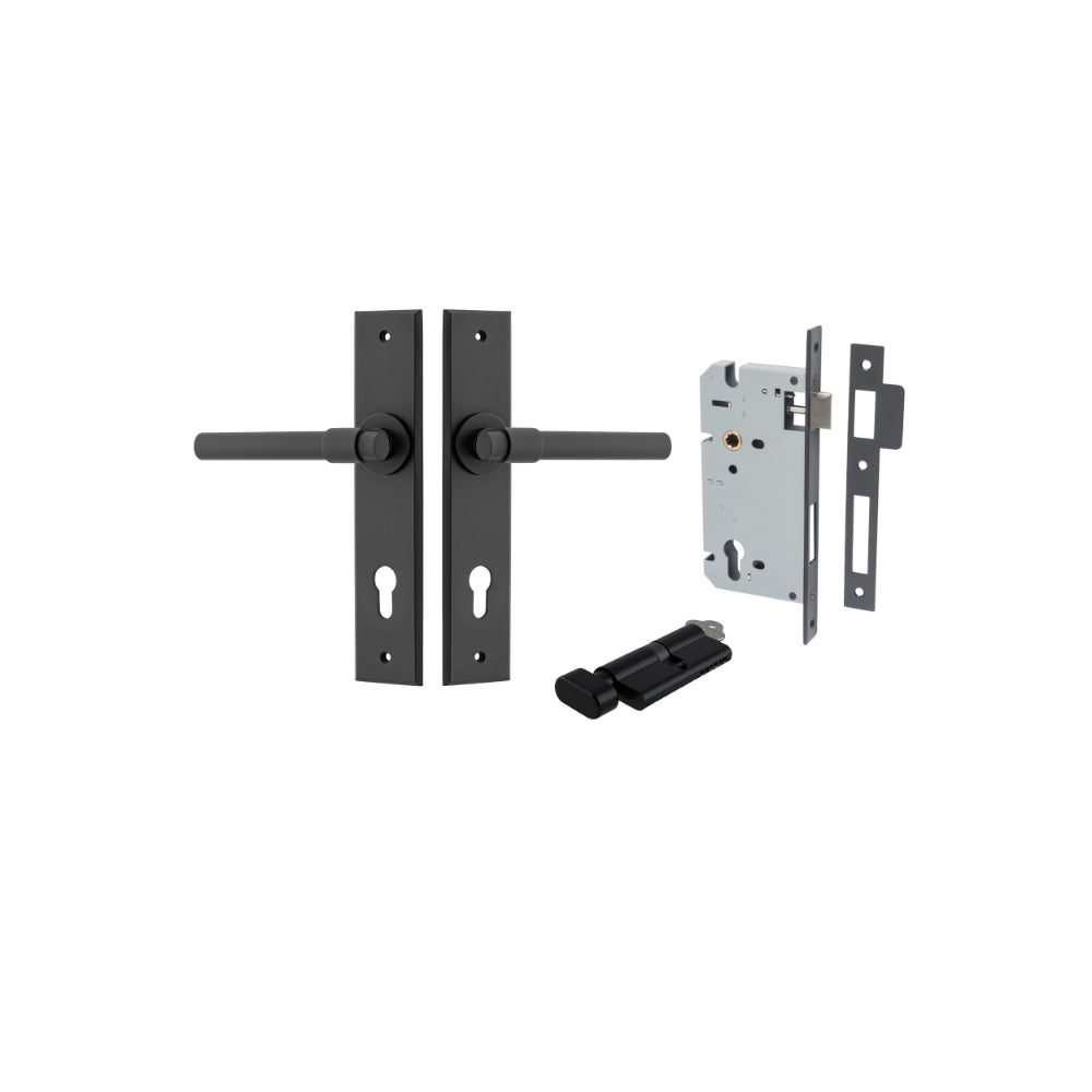 Door Lever Helsinki Chamfered Euro Pair Matt Black CTC85mm L137xP60mm BPH240xW50mm, Mortice Lock Euro Matt Black CTC85mm Backset 60mm, Euro Cylinder Key Thumb 5 Pin Matt Black 65mm KA4 in Matt Black