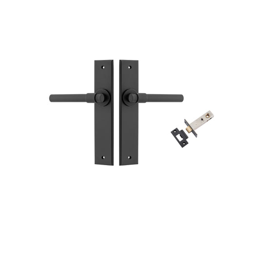 Door Lever Helsinki Chamfered Matt Black L137xP60mm BPH240xW50mm Passage Kit, Tube Latch Split Cam 'T' Striker Matt Black Backset 60mm in Matt Black