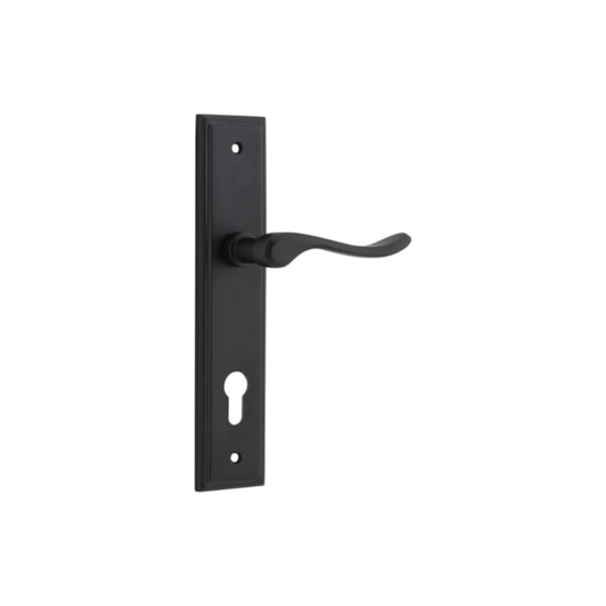 Door Lever Stirling Stepped Euro Pair Matt Black CTC85mm H237xW50xP64mm in Matt Black