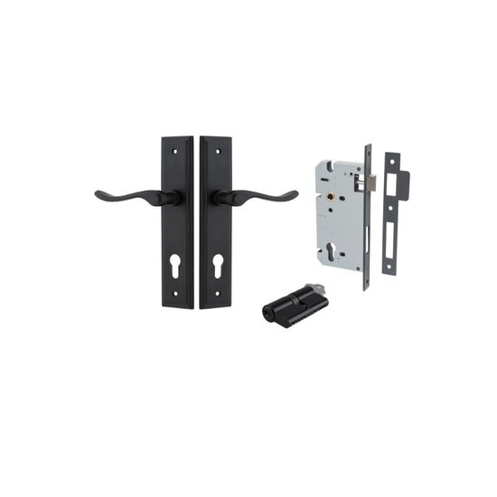 Door Lever Stirling Stepped Euro Pair Matt Black CTC85mm H237xW50xP64mm Entrance Kit, Mortice Lock Euro Matt Black CTC85mm Backset 60mm, Euro Cylinder Dual Function 5 Pin Matt Black L65mm KA1 in Matt Black