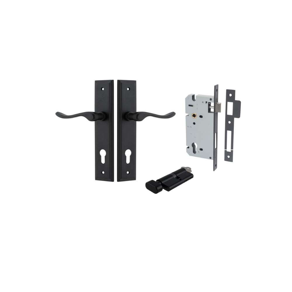 Door Lever Stirling Stepped Euro Pair Matt Black CTC85mm H237xW50xP64mm Entrance Kit, Mortice Lock Euro Matt Black CTC85mm Backset 60mm, Euro Cylinder Key Thumb 6 Pin Matt Black L70mm KA1 in Matt Black