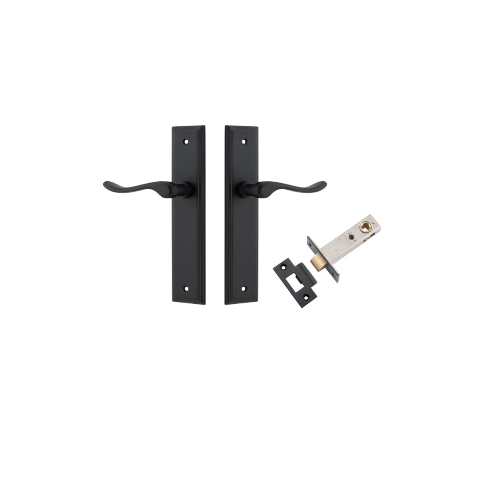 Door Lever Stirling Stepped Latch Pair Matt Black H237xW50xP64mm Passage Kit, Tube Latch Split Cam 'T' Striker Matt Black Backset 60mm in Matt Black