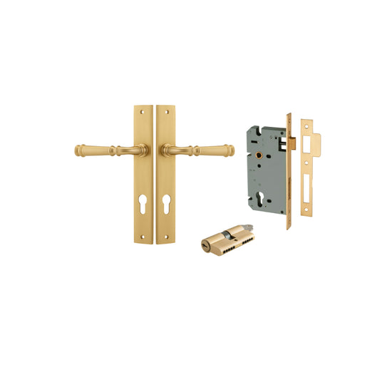 Door Lever Verona Rectangular Euro Brushed Brass CTC85mm H240xW38xP59mm Entrance Kit, Mortice Lock Euro Brushed Brass CTC85mm Backset 60mm, Euro Cylinder Dual Function 5 Pin Brushed Brass L65mm KA1 in Brushed Brass