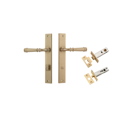 Door Lever Verona Rectangular Privacy Brushed Brass CTC85mm H240xW38xP59mm Inbuilt Privacy Kit, Tube Latch Split Cam 'T' Striker Brushed Brass Backset 60mm, Privacy Bolt Round Bolt Brushed Brass Backset 60mm in Brushed Brass