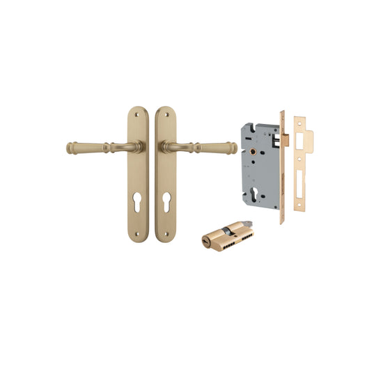 Door Lever Verona Oval Euro Brushed Brass CTC85mm H240xW40xP59mm Entrance Kit, Mortice Lock Euro Brushed Brass CTC85mm Backset 60mm, Euro Cylinder Dual Function 5 Pin Brushed Brass L65mm KA1 in Brushed Brass