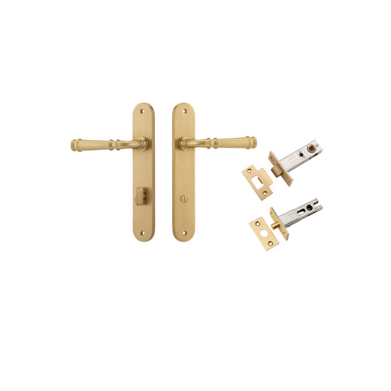 Door Lever Verona Oval Privacy Brushed Brass CTC85mm H240xW40xP59mm Inbuilt Privacy Kit, Tube Latch Split Cam 'T' Striker Brushed Brass Backset 60mm, Privacy Bolt Round Bolt Brushed Brass Backset 60mm in Brushed Brass