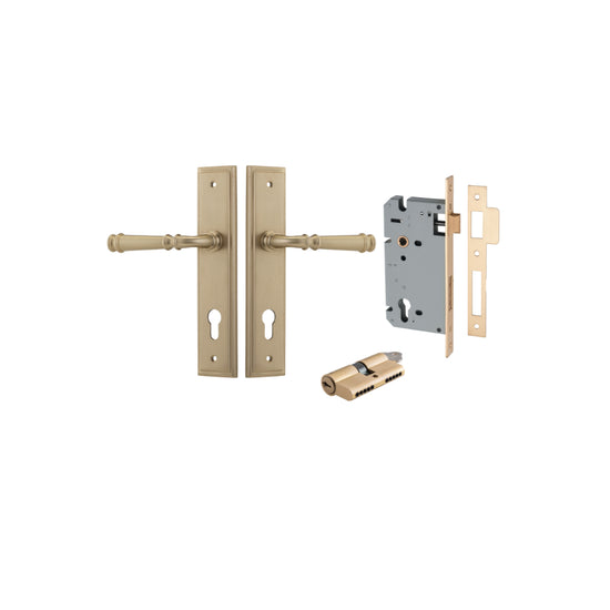 Door Lever Verona Stepped Euro Brushed Brass CTC85mm H240xW50xP59mm Entrance Kit, Mortice Lock Euro Brushed Brass CTC85mm Backset 60mm, Euro Cylinder Dual Function 5 Pin Brushed Brass L65mm KA1 in Brushed Brass