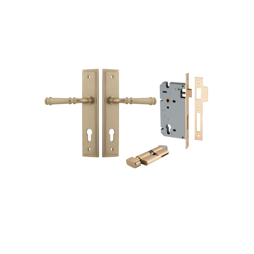 Door Lever Verona Stepped Euro Brushed Brass CTC85mm H240xW50xP59mm Entrance Kit, Mortice Lock Euro Brushed Brass CTC85mm Backset 60mm, Euro Cylinder Key Thumb 6 Pin Brushed Brass L70mm  

 KA1 in Brushed Brass