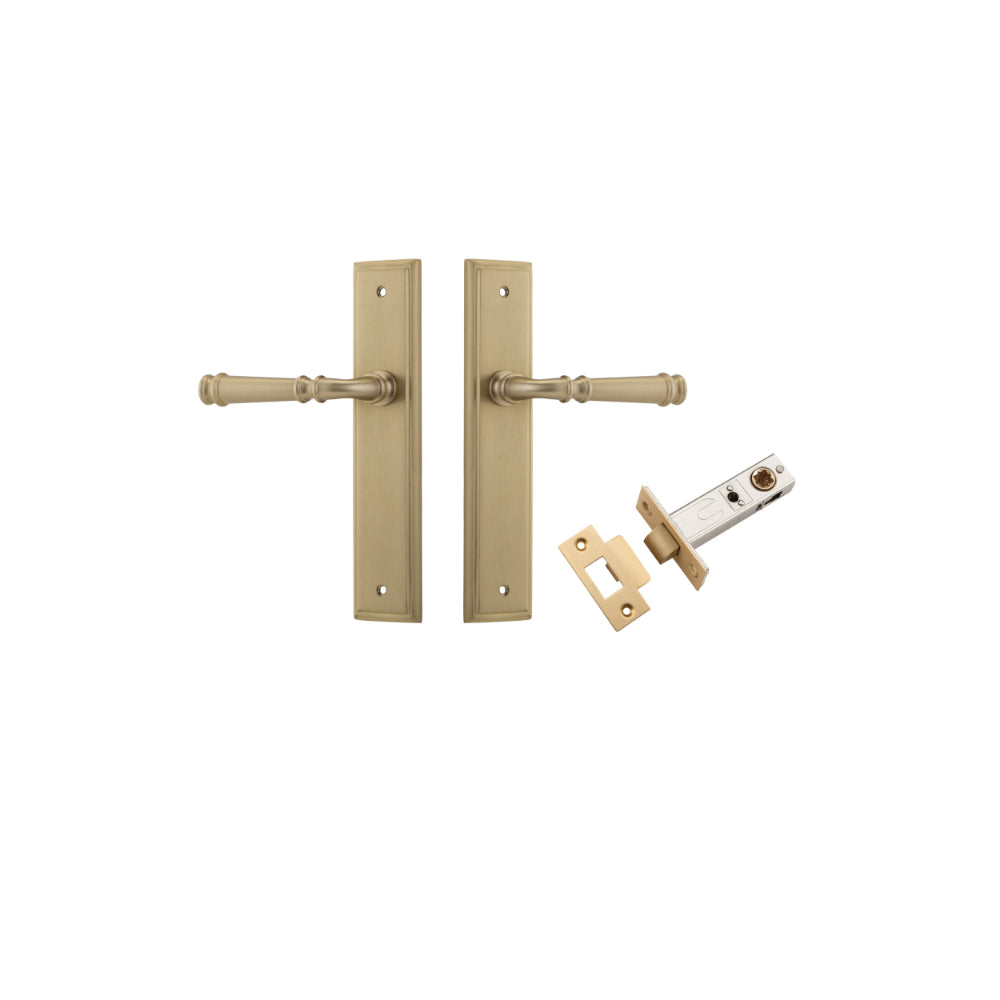 Door Lever Verona Stepped Latch Brushed Brass H240xW50xP59mm Passage Kit, Tube Latch Split Cam 'T' Striker Brushed Brass Backset 60mm in Brushed Brass