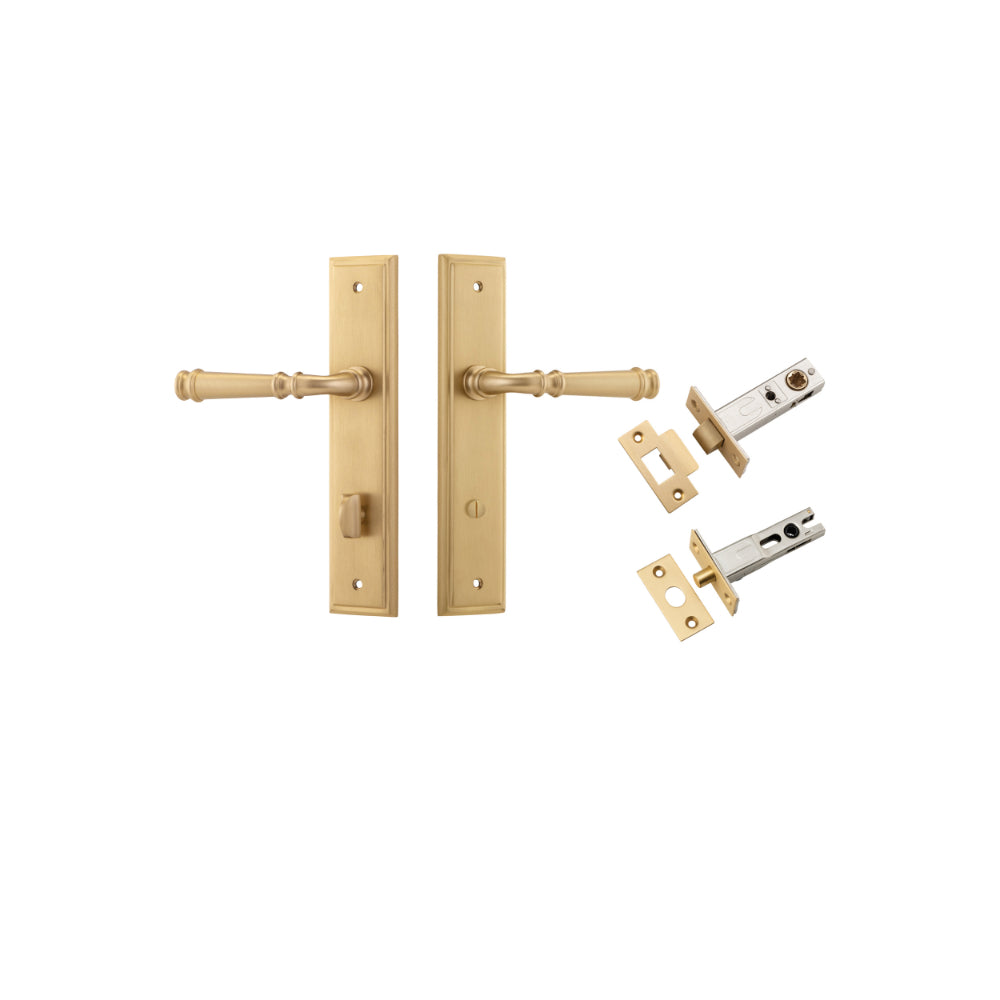 Door Lever Verona Stepped Privacy Brushed Brass CTC85mm H240xW50xP59mm Inbuilt Privacy Kit, Tube Latch Split Cam 'T' Striker Brushed Brass Backset 60mm, Privacy Bolt Round Bolt Brushed Brass Backset 60mm in Brushed Brass