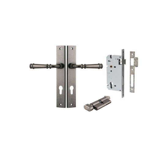 Door Lever Verona Rectangular Euro Distressed Nickel CTC85mm H240xW38xP59mm Entrance Kit, Mortice Lock Euro Distressed Nickel CTC85mm Backset 60mm, Euro Cylinder Key Thumb 6 Pin Distressed Nickel L70mm KA1 in Distressed Nickel