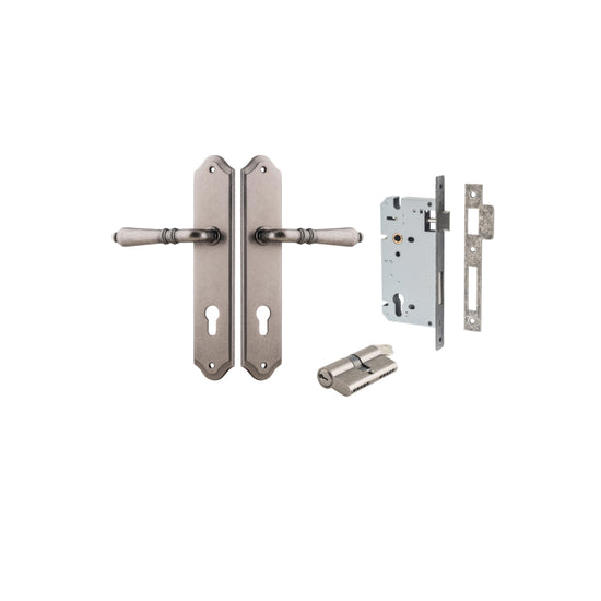 Door Lever Sarlat Shouldered Euro Distressed Nickel CTC85mm H250xW48xP57mm Entrance Kit, Mortice Lock Euro Distressed Nickel CTC85mm Backset 60mm, Euro Cylinder Dual Function 5 Pin Distressed Nickel L65mm KA1 in Distressed Nickel