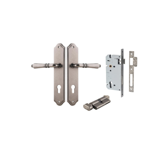 Door Lever Sarlat Shouldered Euro Distressed Nickel CTC85mm H250xW48xP57mm Entrance Kit, Mortice Lock Euro Distressed Nickel CTC85mm Backset 60mm, Euro Cylinder Key Thumb 6 Pin Distressed Nickel L70mm KA1 in Distressed Nickel