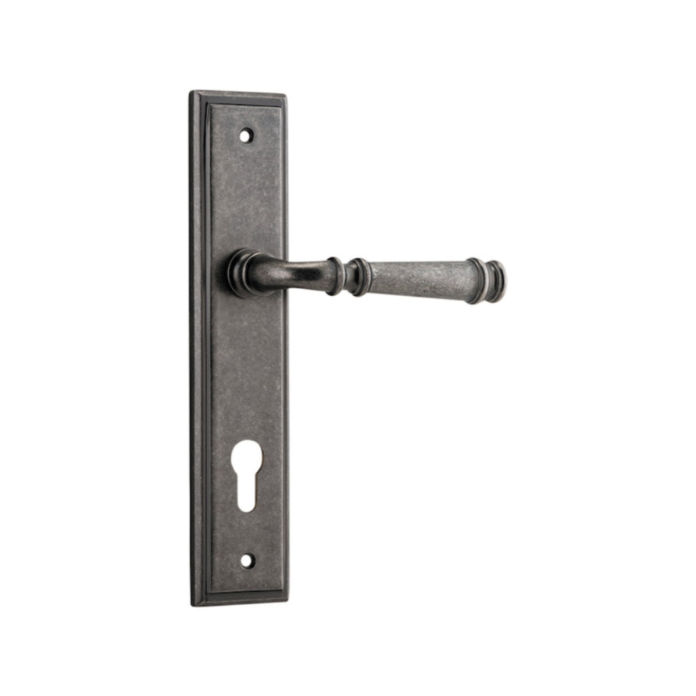 Door Lever Verona Stepped Euro Distressed Nickel CTC85mm H237xW50xP59mm in Distressed Nickel