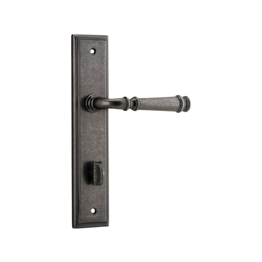 Door Lever Verona Stepped Privacy Distressed Nickel CTC85mm H237xW50xP59mm in Distressed Nickel