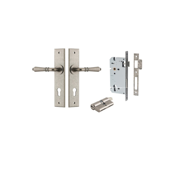 Door Lever Sarlat Chamfered Euro Pair Distressed Nickel CTC85mm L111xP55mm BPH240xW50mm, Mortice Lock Euro Distressed Nickel CTC85mm Backset 60mm, Euro Cylinder Dual Function 5 Pin Distressed Nickel 65mm KA4 in Distressed Nickel