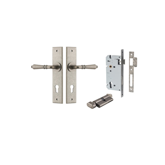 Door Lever Sarlat Chamfered Euro Pair Distressed Nickel CTC85mm L111xP55mm BPH240xW50mm, Mortice Lock Euro Distressed Nickel CTC85mm Backset 60mm, Euro Cylinder Key Thumb 5 Pin Distressed Nickel 65mm KA4 in Distressed Nickel