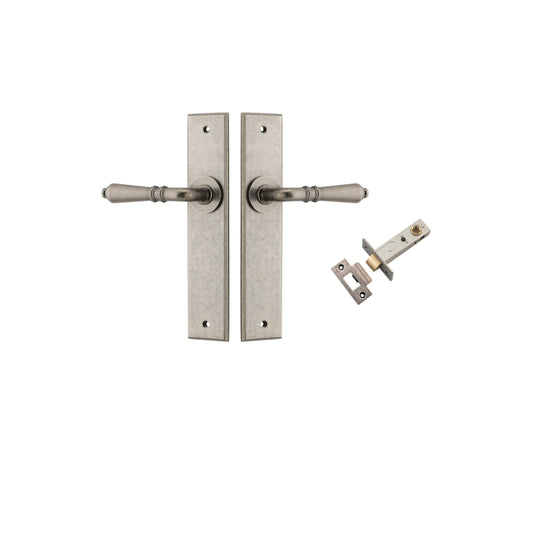 Door Lever Sarlat Chamfered Distressed Nickel L111xP55mm BPH240xW50mm Passage Kit, Tube Latch Split Cam 'T' Striker Distressed Nickel Backset 60mm in Distressed Nickel