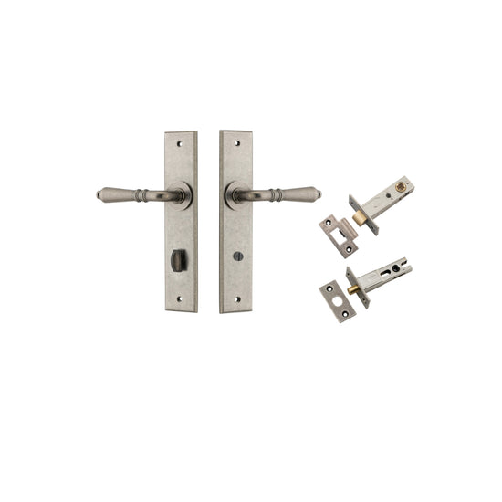 Door Lever Sarlat Chamfered Privacy Distressed Nickel CTC85mm L111xP55mm BPH240xW50mm Privacy Kit, Tube Latch Split Cam 'T' Striker Distressed Nickel Backset 60mm, Privacy Bolt Round Bolt Distressed Nickel Backset 60mm in Distressed Nickel