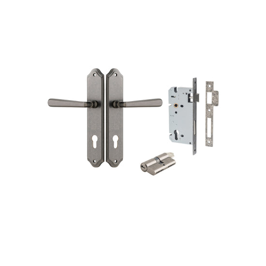 Door Lever Copenhagen Shouldered Euro Pair Distressed Nickel CTC85mm H250xW48xP61mm Entrance Kit, Mortice Lock Euro Distressed Nickel CTC85mm Backset 60mm, Euro Cylinder Dual Function 5 Pin Distressed Nickel L65mm KA1 in Distressed Nickel