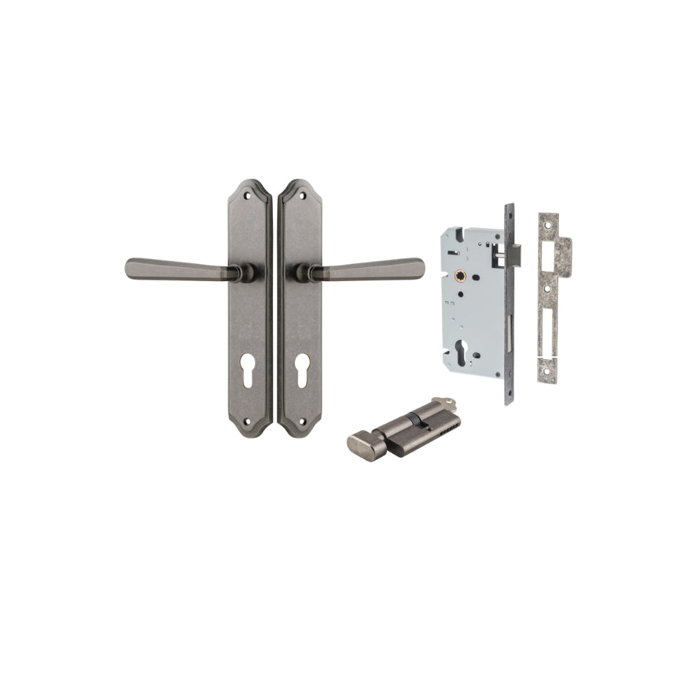 Door Lever Copenhagen Shouldered Euro Pair Distressed Nickel CTC85mm H250xW48xP61mm Entrance Kit, Mortice Lock Euro Distressed Nickel CTC85mm Backset 60mm, Euro Cylinder Key Thumb 6 Pin Distressed Nickel L70mm KA1 in Distressed Nickel