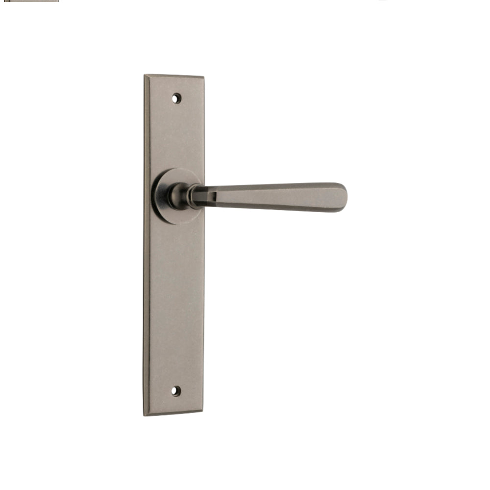 Door Lever Copenhagen Chamfered Latch Pair Distressed Nickel H240xW50xP61mm in Distressed Nickel