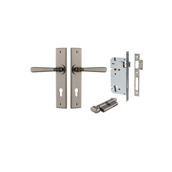 Door Lever Copenhagen Chamfered Euro Pair Distressed Nickel CTC85mm L120xP59mm BPH240xW50mm, Mortice Lock Euro Distressed Nickel CTC85mm Backset 60mm, Euro Cylinder Key Thumb 5 Pin Distressed Nickel 65mm KA4 in Distressed Nickel