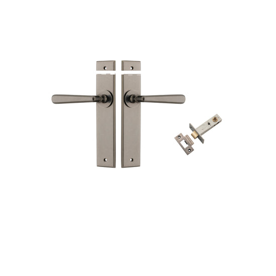 Door Lever Copenhagen Chamfered Distressed Nickel L120xP59mm BPH240xW50mm Passage Kit, Tube Latch Split Cam 'T' Striker Distressed Nickel Backset 60mm in Distressed Nickel