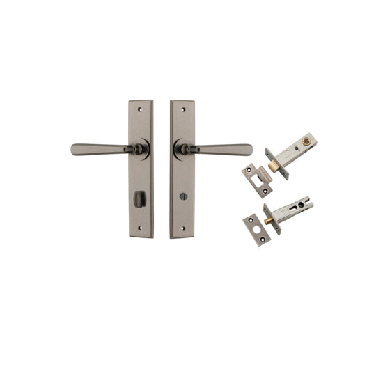 Door Lever Copenhagen Chamfered Privacy Distressed Nickel CTC85mm L120xP59mm BPH240xW50mm Privacy Kit, Tube Latch Split Cam 'T' Striker Distressed Nickel Backset 60mm, Privacy Bolt Round Bolt Distressed Nickel Backset 60mm in Distressed Nickel