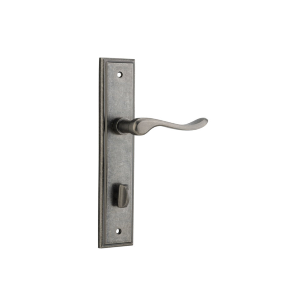 Door Lever Stirling Stepped Privacy Pair Distressed Nickel CTC85mm H237xW50xP64mm in Distressed Nickel