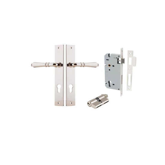 Door Lever Sarlat Rectangular Euro Polished Nickel CTC85mm H240xW38xP55mm Entrance Kit, Mortice Lock Euro Polished Nickel CTC85mm Backset 60mm, Euro Cylinder Dual Function 5 Pin Polished Nickel L65mm KA1 in Polished Nickel