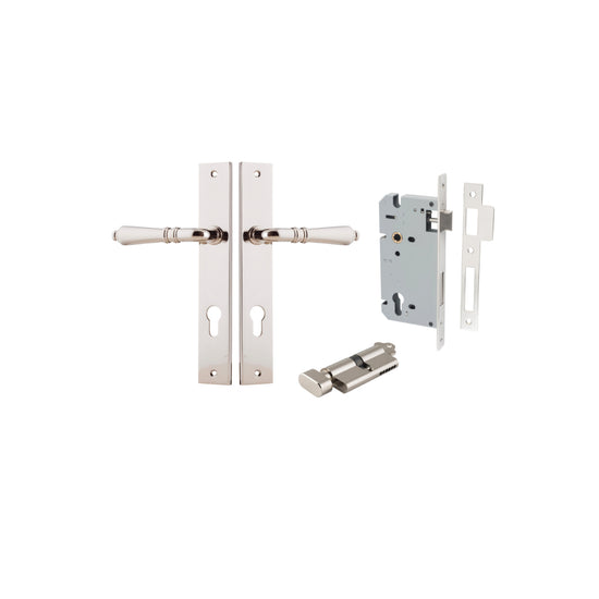 Door Lever Sarlat Rectangular Euro Polished Nickel CTC85mm H240xW38xP55mm Entrance Kit, Mortice Lock Euro Polished Nickel CTC85mm Backset 60mm, Euro Cylinder Key Thumb 6 Pin Polished Nickel L70mm KA1 in Polished Nickel