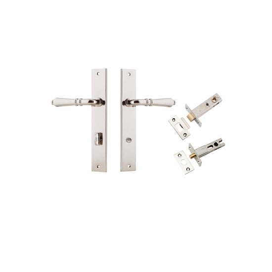 Door Lever Sarlat Rectangular Privacy Polished Nickel CTC85mm H240xW38xP55mm Privacy Kit, Tube Latch Split Cam 'T' Striker Polished Nickel Backset 60mm, Privacy Bolt Round Bolt Polished Nickel Backset 60mm in Polished Nickel