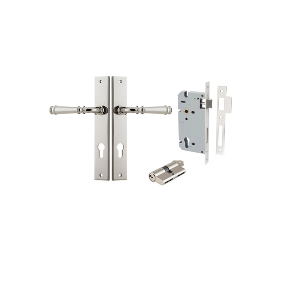 Door Lever Verona Rectangular Euro Polished Nickel CTC85mm H240xW38xP59mm Entrance Kit, Mortice Lock Euro Polished Nickel CTC85mm Backset 60mm, Euro Cylinder Dual Function 5 Pin Polished Nickel L65mm KA1 in Polished Nickel