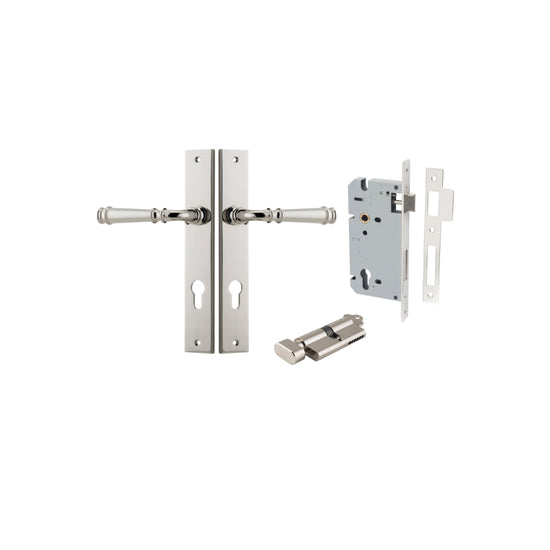 Door Lever Verona Rectangular Euro Polished Nickel CTC85mm H240xW38xP59mm Entrance Kit, Mortice Lock Euro Polished Nickel CTC85mm Backset 60mm, Euro Cylinder Key Thumb 6 Pin Polished Nickel L70mm KA1 in Polished Nickel