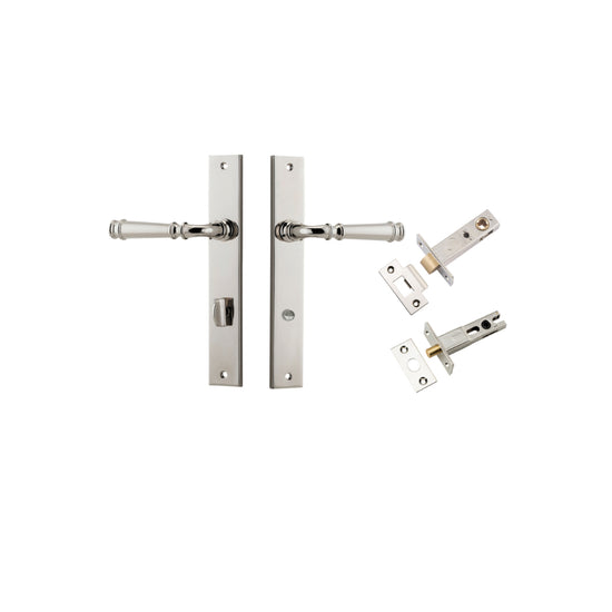 Door Lever Verona Rectangular Privacy Polished Nickel CTC85mm H240xW38xP59mm Inbuilt Privacy Kit, Tube Latch Split Cam 'T' Striker Polished Nickel Backset 60mm, Privacy Bolt Round Bolt Polished Nickel Backset 60mm in Polished Nickel