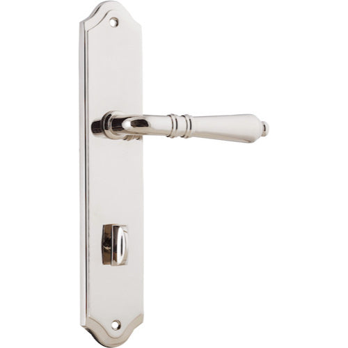 Door Lever Sarlat Shouldered Privacy Polished Nickel CTC85mm H250xW48xP57mm in Polished Nickel