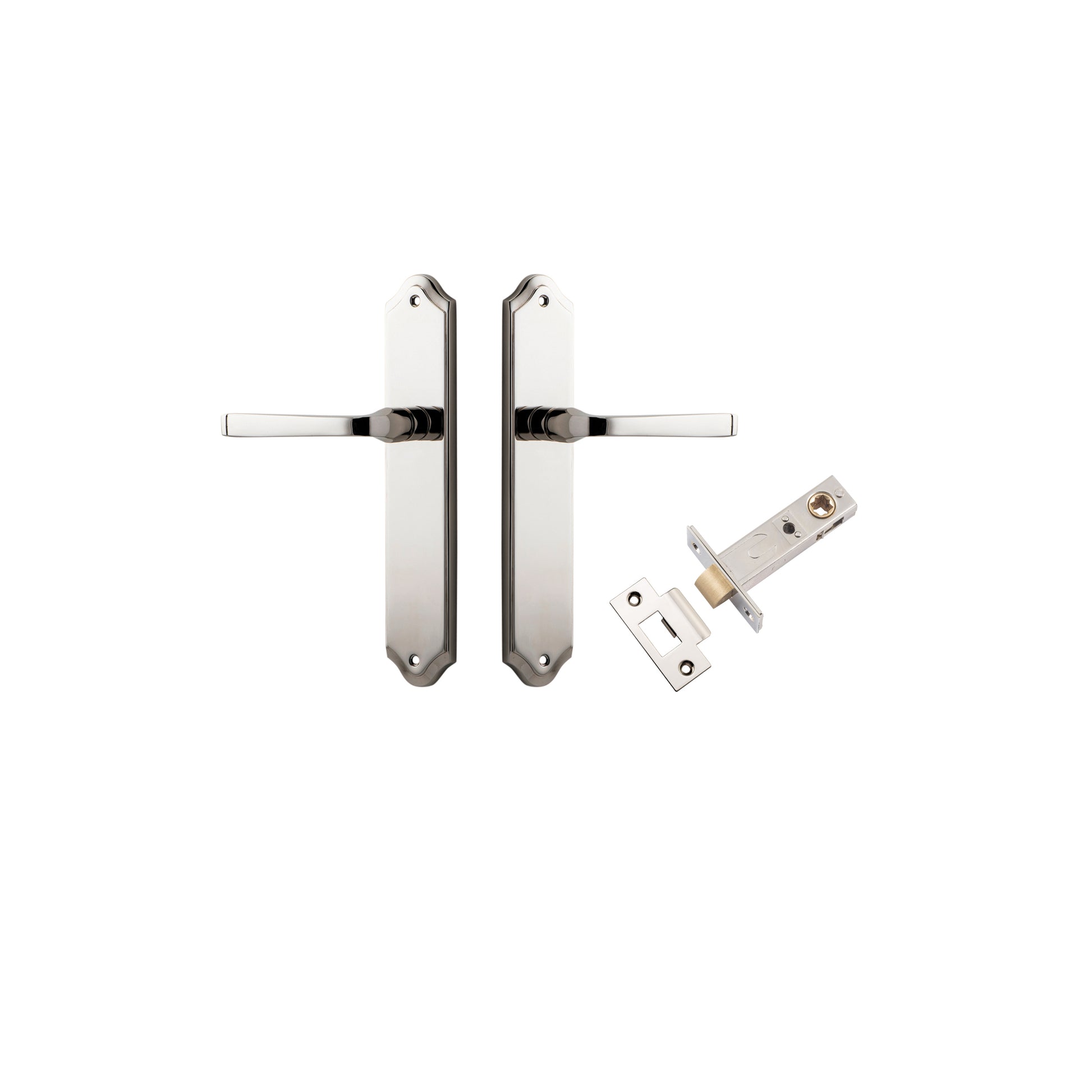 Door Lever Annecy Shouldered Latch Polished Nickel H240xW50xP65mm Passage Kit, Tube Latch Split Cam 'T' Striker Polished Nickel Backset 60mm in Polished Nickel