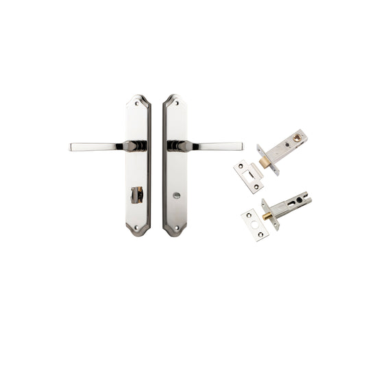 Door Lever Annecy Shouldered Privacy Polished Nickel CTC85mm H240xW50xP65mm Inbuilt Privacy Kit, Tube Latch Split Cam 'T' Striker Polished Nickel Backset 60mm, Privacy Bolt Round Bolt Polished Nickel Backset 60mm in Polished Nickel