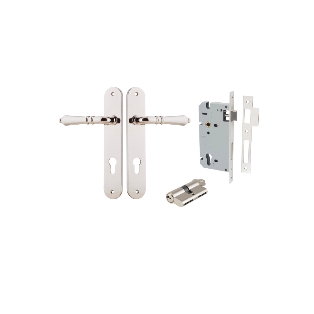 Door Lever Sarlat Oval Euro Polished Nickel CTC85mm H240xW40xP55mm Entrance Kit, Mortice Lock Euro Polished Nickel CTC85mm Backset 60mm, Euro Cylinder Dual Function 5 Pin Polished Nickel L65mm KA1 in Polished Nickel