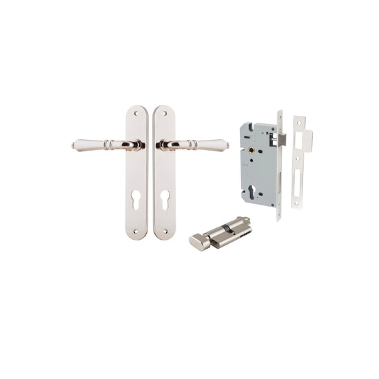 Door Lever Sarlat Oval Euro Polished Nickel CTC85mm H240xW40xP55mm Entrance Kit, Mortice Lock Euro Polished Nickel CTC85mm Backset 60mm, Euro Cylinder Key Thumb 6 Pin Polished Nickel L70mm KA1 in Polished Nickel