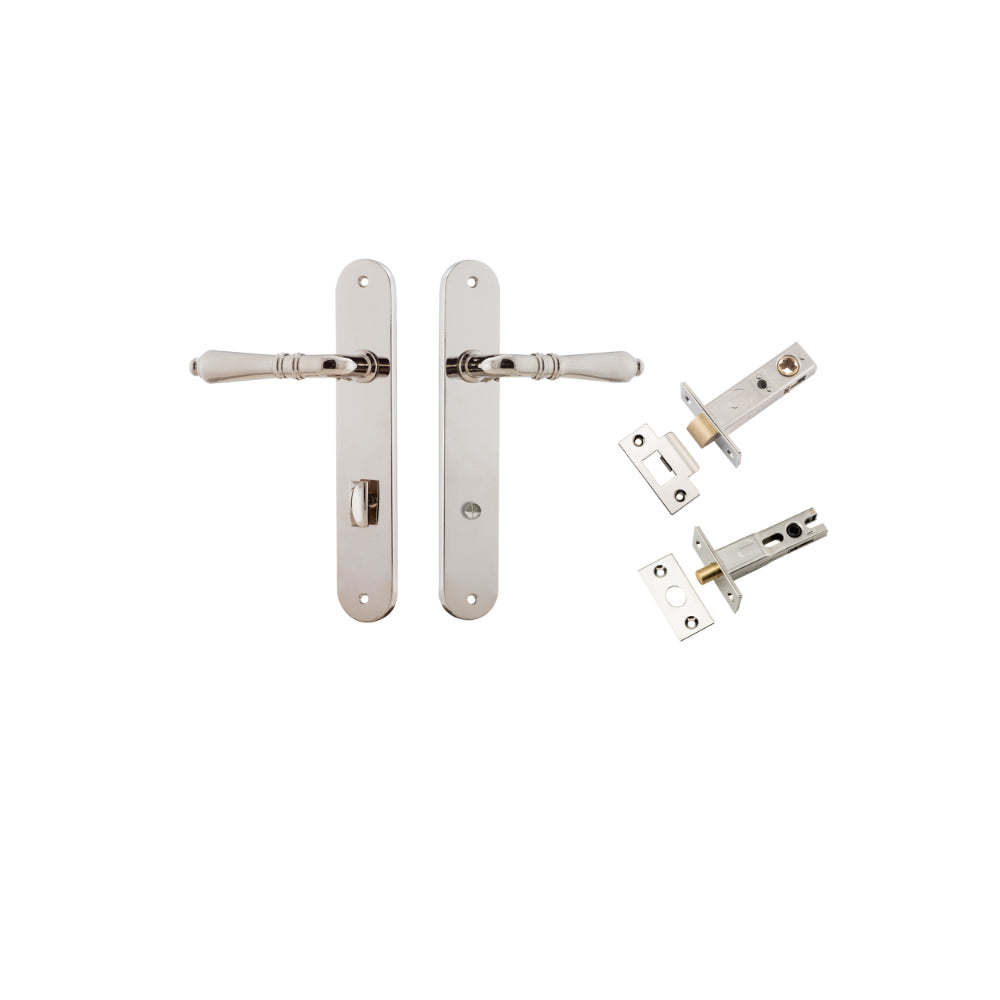 Door Lever Sarlat Oval Privacy Polished Nickel CTC85mm H240xW40xP55mm Privacy Kit, Tube Latch Split Cam 'T' Striker Polished Nickel Backset 60mm, Privacy Bolt Round Bolt Polished Nickel Backset 60mm in Polished Nickel