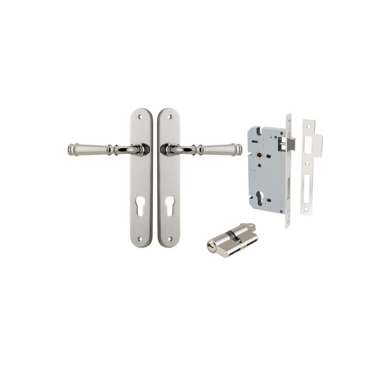 Door Lever Verona Oval Euro Polished Nickel CTC85mm H240xW40xP59mm Entrance Kit, Mortice Lock Euro Polished Nickel CTC85mm Backset 60mm, Euro Cylinder Dual Function 5 Pin Polished Nickel L65mm KA1 in Polished Nickel