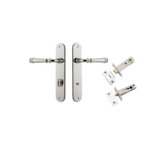 Door Lever Verona Oval Privacy Polished Nickel CTC85mm H240xW40xP59mm Inbuilt Privacy Kit, Tube Latch Split Cam 'T' Striker Polished Nickel Backset 60mm, Privacy Bolt Round Bolt Polished Nickel Backset 60mm in Polished Nickel