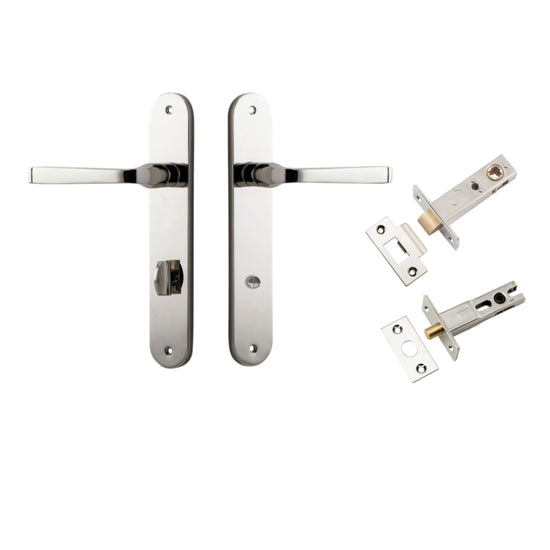 Door Lever Annecy Oval Privacy Polished Nickel CTC85mm H240xW40xP62mm Inbuilt Privacy Kit, Tube Latch Split Cam 'T' Striker Polished Nickel Backset 60mm, Privacy Bolt Round Bolt Polished Nickel Backset 60mm in Polished Nickel