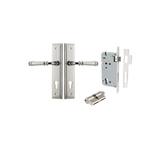 Door Lever Verona Stepped Euro Polished Nickel CTC85mm H240xW50xP59mm Entrance Kit, Mortice Lock Euro Polished Nickel CTC85mm Backset 60mm, Euro Cylinder Dual Function 5 Pin Polished Nickel L65mm KA1 in Polished Nickel