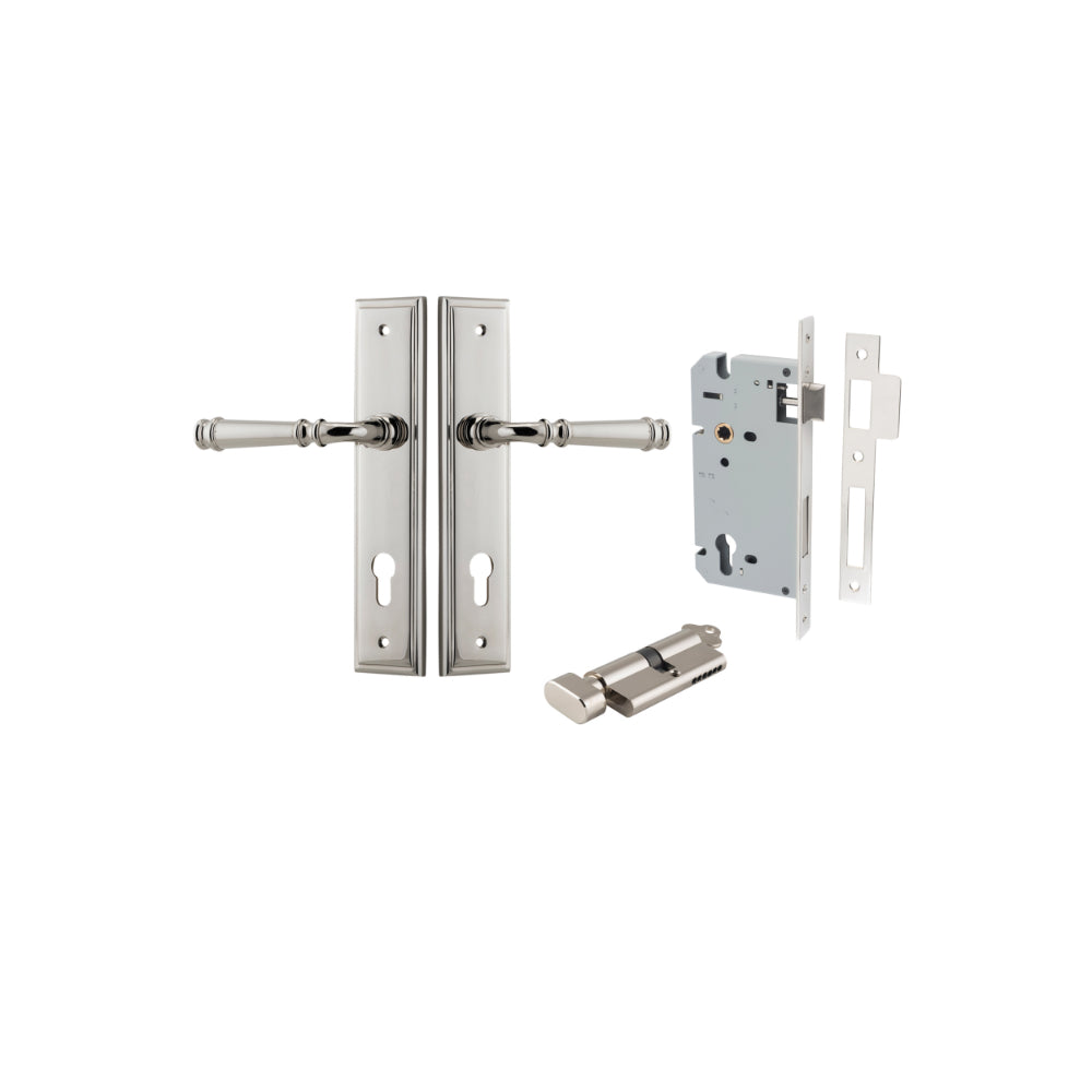 Door Lever Verona Stepped Euro Polished Nickel CTC85mm H240xW50xP59mm Entrance Kit, Mortice Lock Euro Polished Nickel CTC85mm Backset 60mm, Euro Cylinder Key Thumb 6 Pin Polished Nickel L70mm KA1 in Polished Nickel