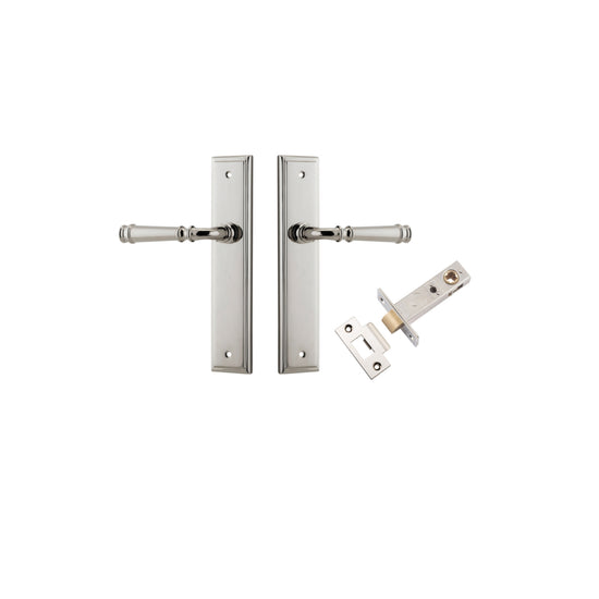 Door Lever Verona Stepped Latch Polished Nickel H240xW50xP59mm Passage Kit, Tube Latch Split Cam 'T' Striker Polished Nickel Backset 60mm in Polished Nickel