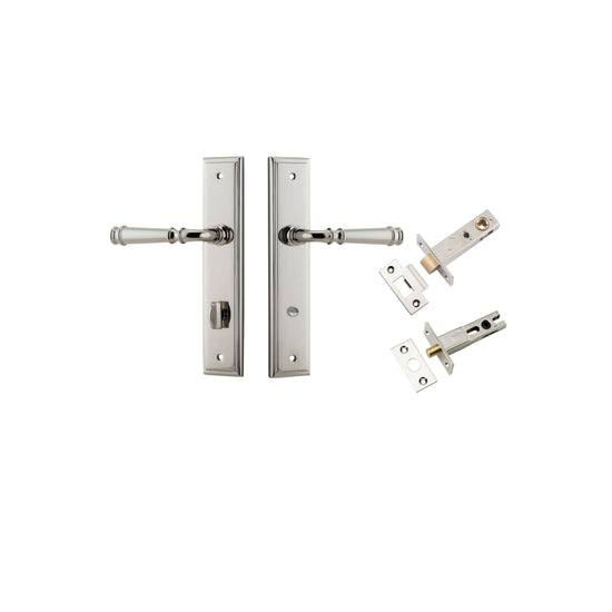 Door Lever Verona Stepped Privacy Polished Nickel CTC85mm H240xW50xP59mm Inbuilt Privacy Kit, Tube Latch Split Cam 'T' Striker Polished Nickel Backset 60mm, Privacy Bolt Round Bolt Polished Nickel Backset 60mm in Polished Nickel